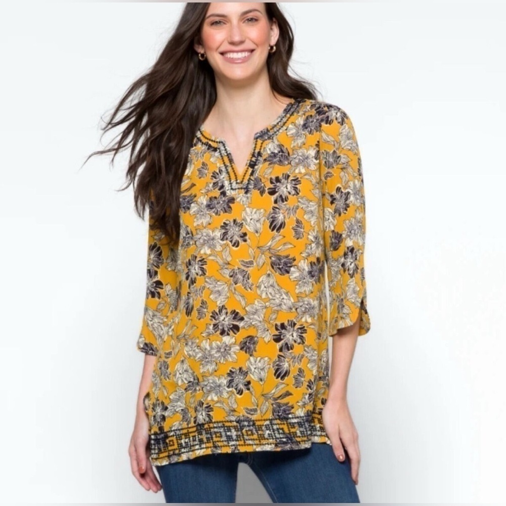Magnolia Grace Womens Size 1X Mustard & Blue Floral Tunic Top Embroidered Trim